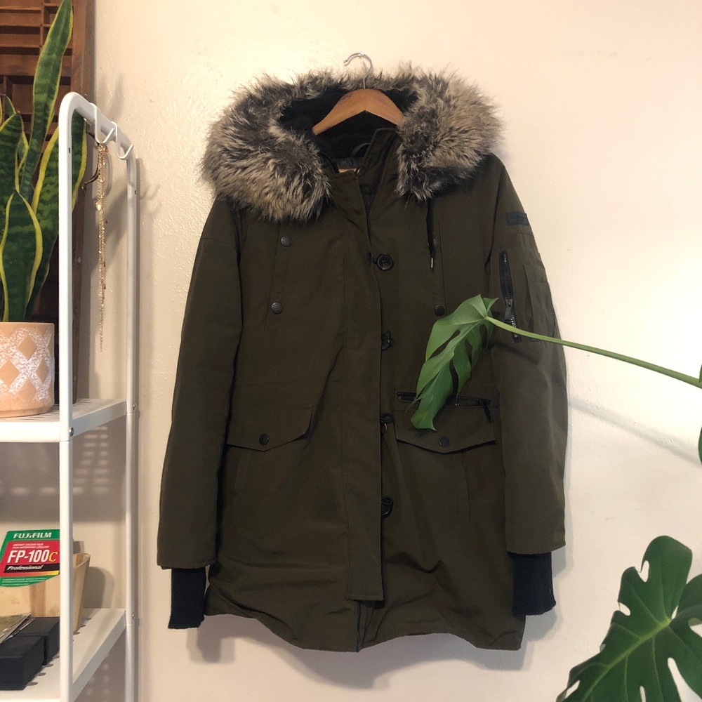BCBGeneration Faux Fur Hooded Parka Coat Large - Olive